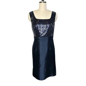 Talbots Navy Blue Silk Organza Sequin Sleeveless Cocktail Sheath Dress | 14